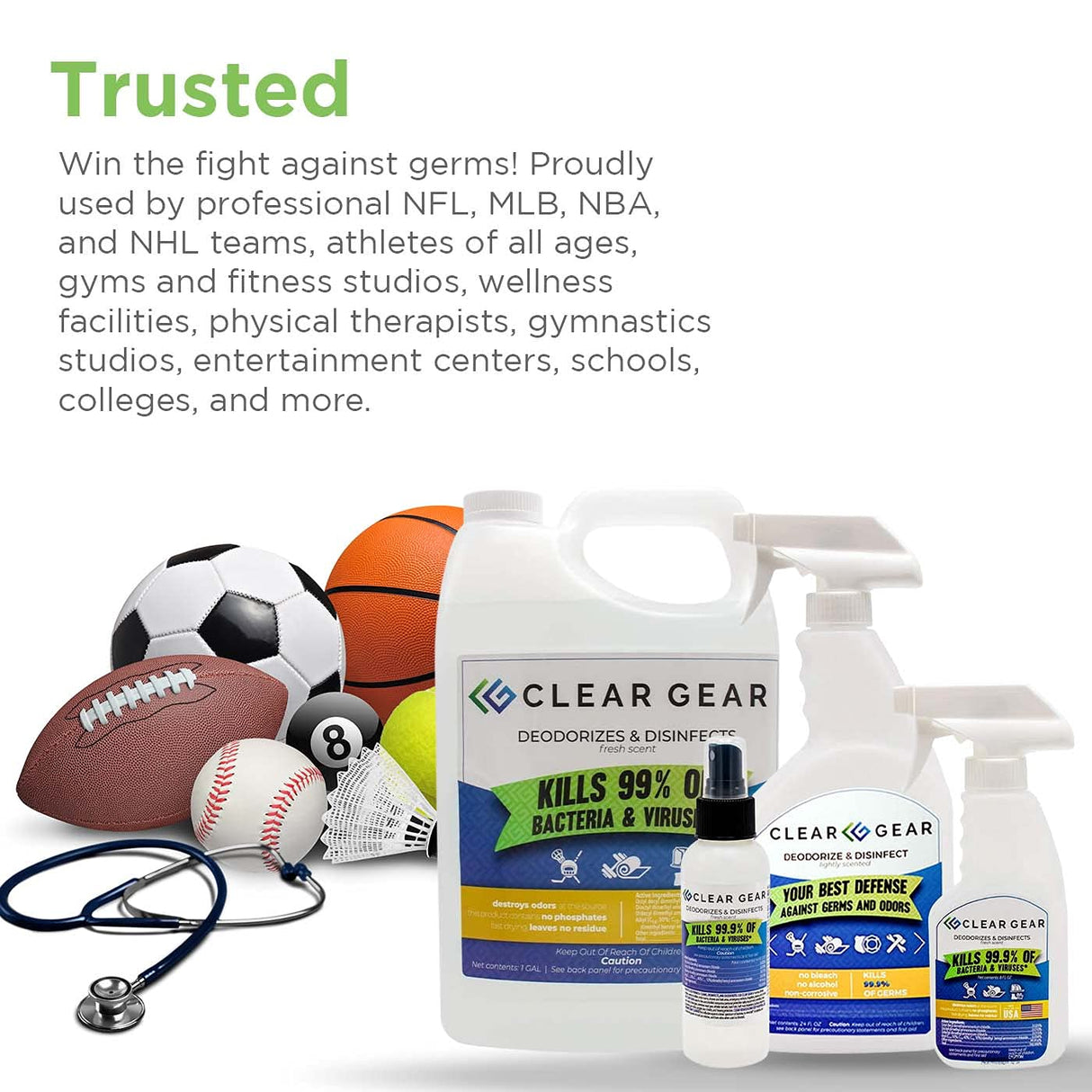 Disinfectant, Cleaner, and Deodorizer For Sports Equipment, Gyms, and Fitness Centers - Mixed Pack - 16 Oz Bottle and 32 Oz Bottle Disinfecting Spray Pack