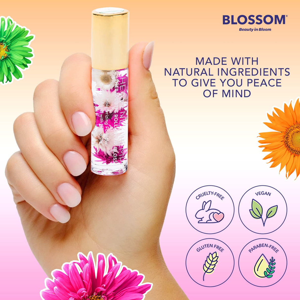 Blossom Scented Roll on Lip Gloss, Infused with Real Flowers, Made in USA, 0.20 fl. oz./5.9ml, Watermelon