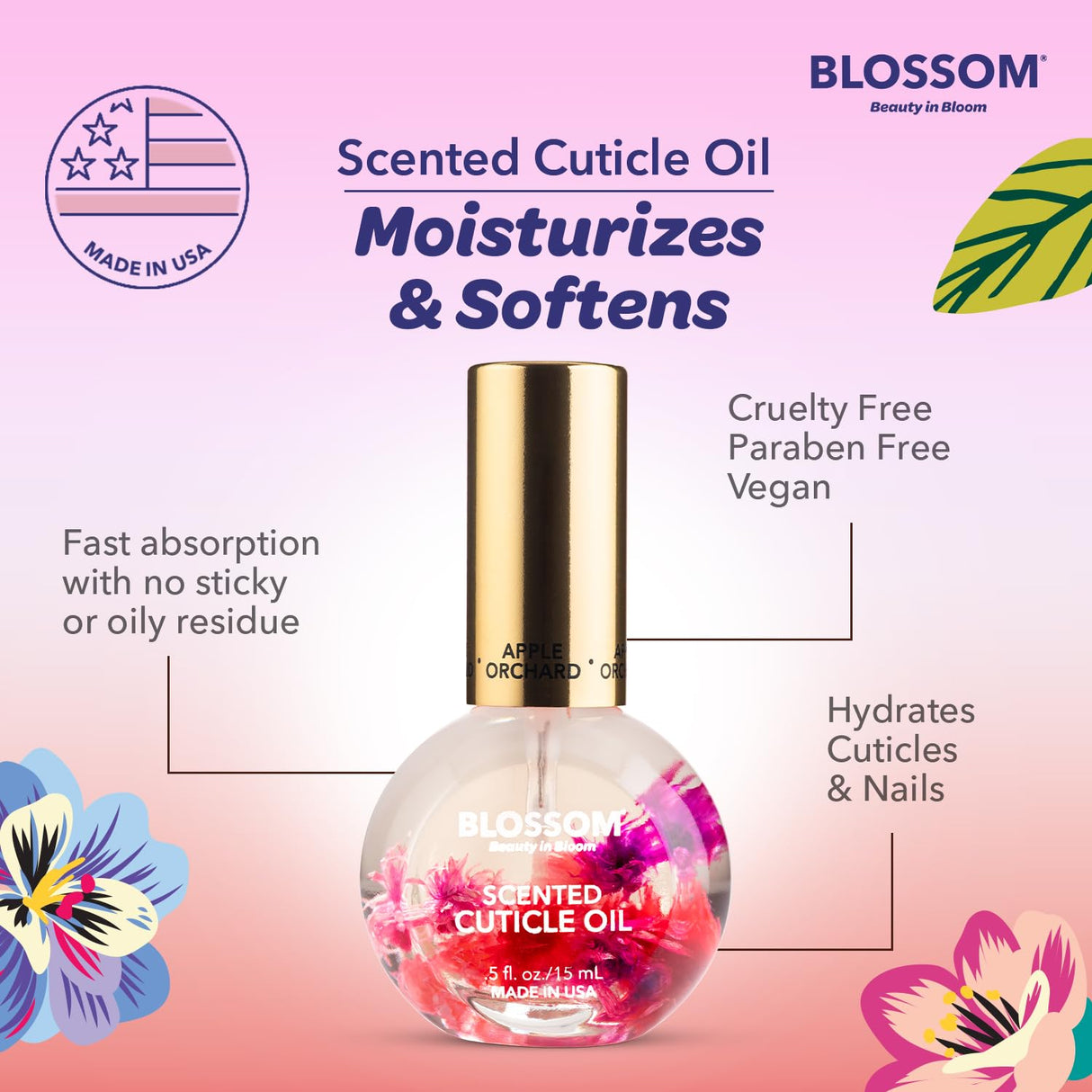 Blossom Scented Cuticle Oil, Infused with Real Flowers, Hydrating, Moisturizing, Strengthening, Made in USA, 0.5 fl. oz, Amazon Exclusive, Watermelon