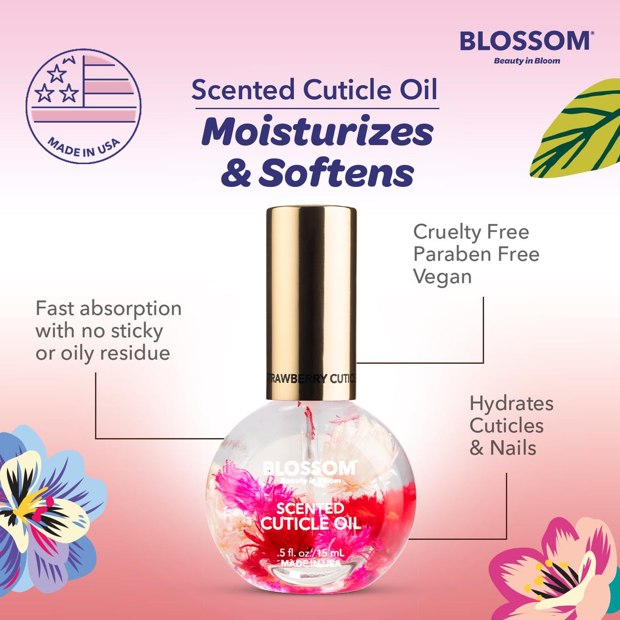 Blossom Scented Cuticle Oil, Infused with Real Flowers, Hydrating, Moisturizing, Strengthening, Made in USA, 0.5 fl. oz, Amazon Exclusive, Watermelon