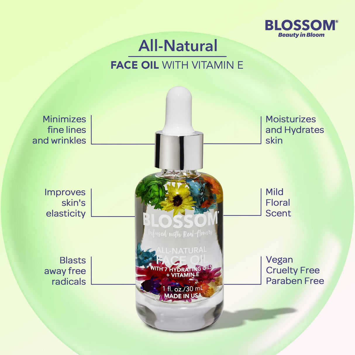 Blossom Unscented All Natural, Vegan, Cruelty Free Face Oil with Vitamin E, Infused with Real Flowers, Made in USA, 1 fl. oz., Spring Bouquet
