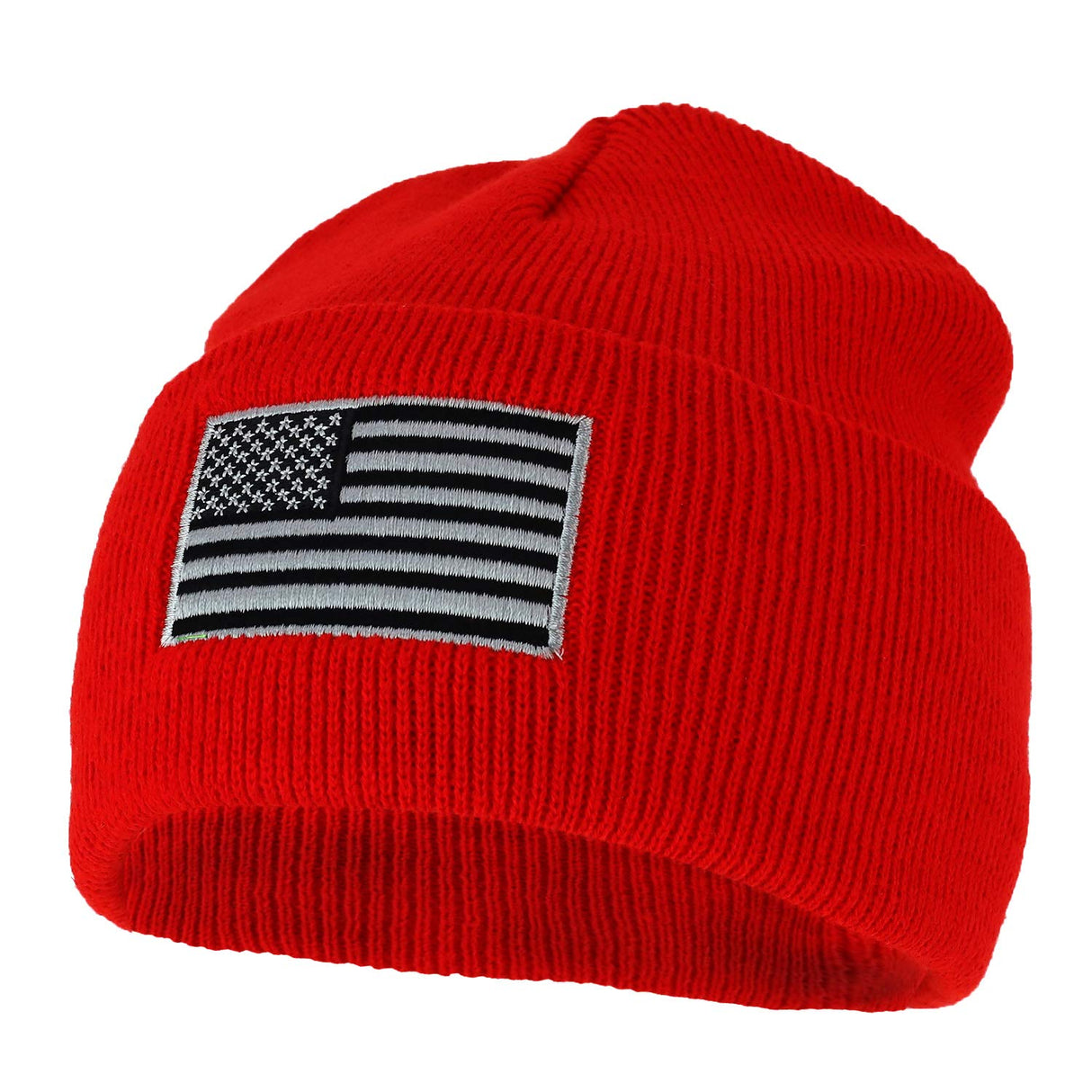 Made in USA Grey American Flag Embroidered Knit Cuff Long Beanie
