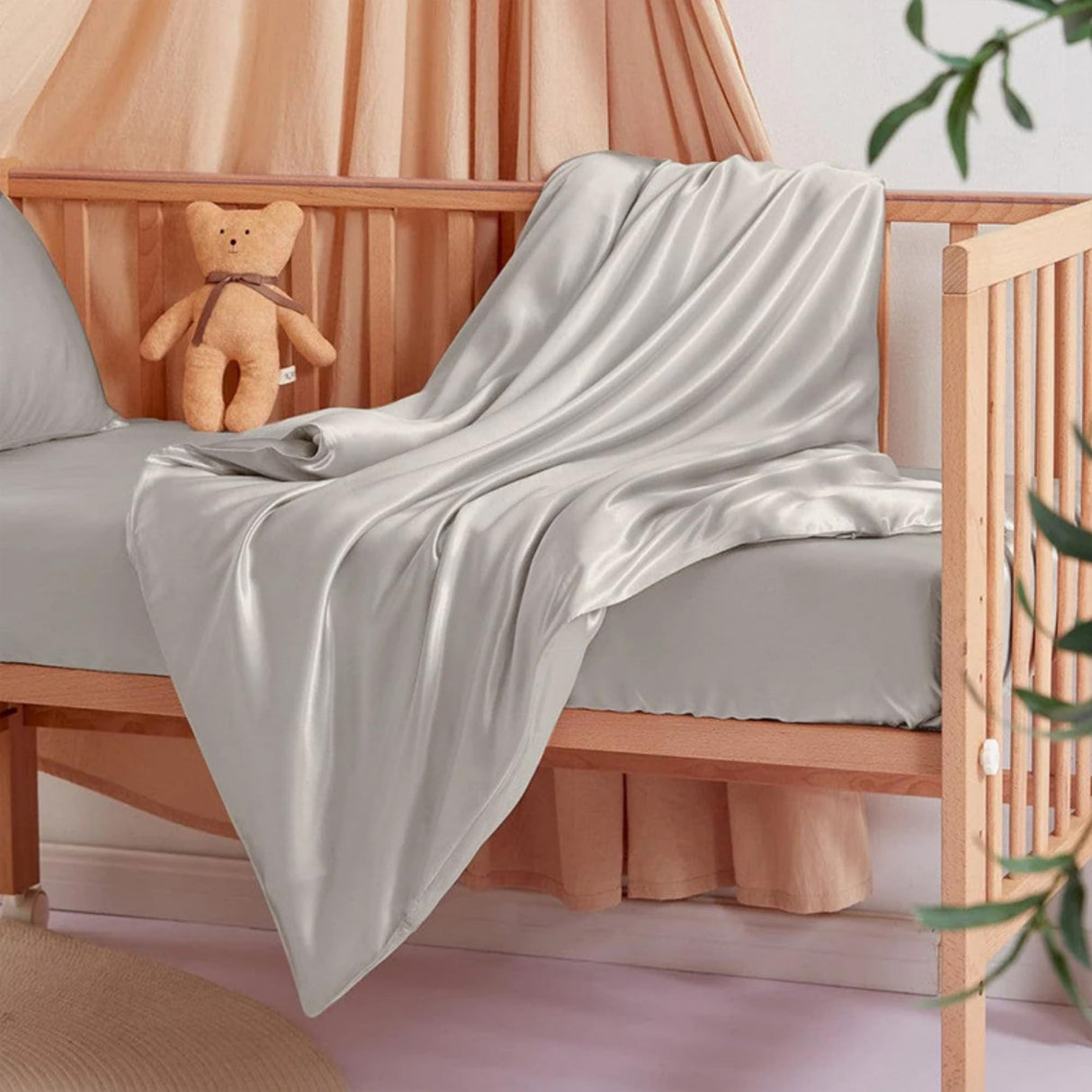 100% Mulberry Silk Crib Sheets for Baby Toddler Hair, Made in USA, Pure 22 Momme Organic Silk Boy Girl Fitted Crib Bed Sheet, Mini Crib Mattress Sheet, Soft Silk Crib Cover, Hypoallergenic (Blue Grey)