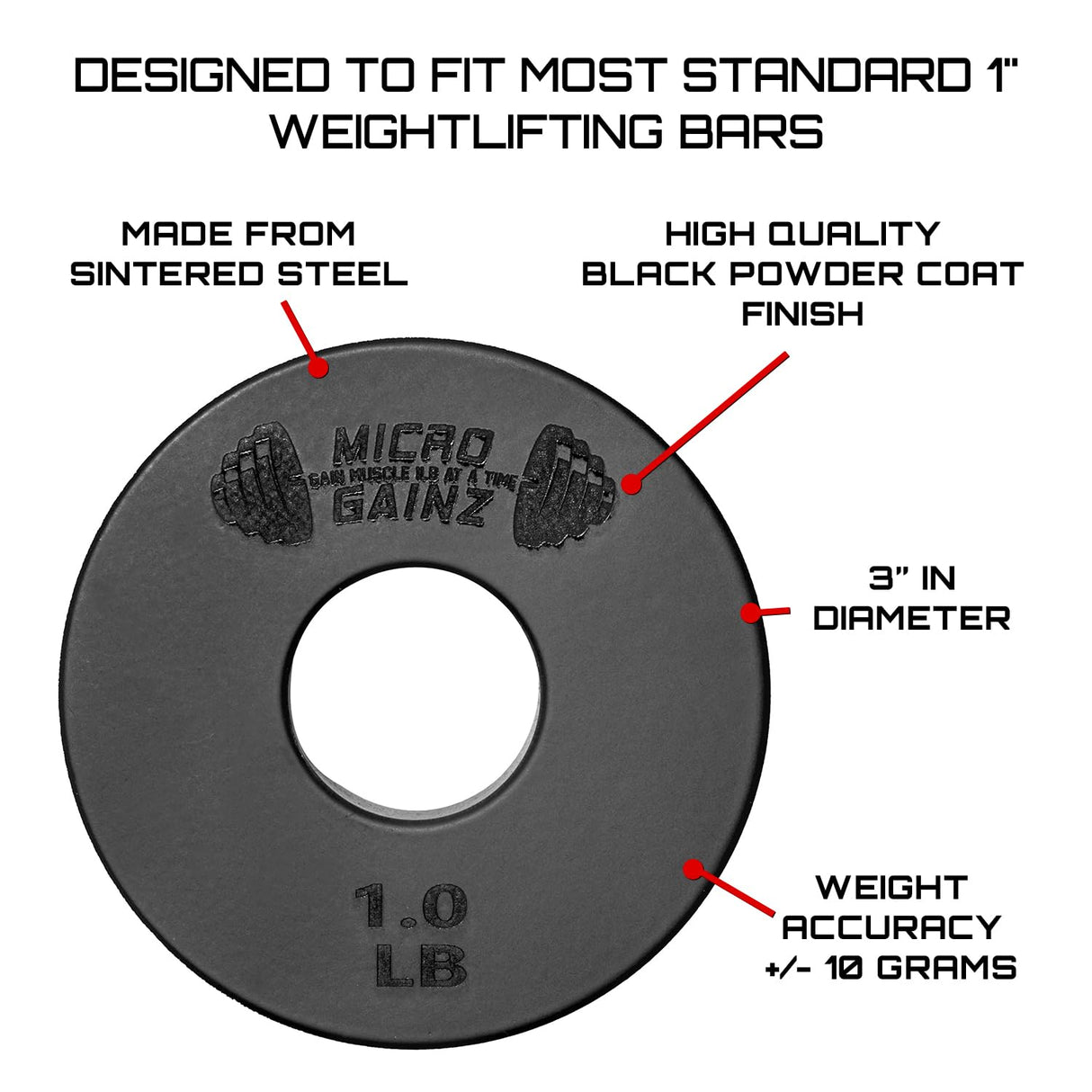 Micro Gainz Standard 1-Inch Center Hole Weight Plates, Set of 2 Black Fractional Plates Choose Set (.25LB-1.25LB), Designed for Standard 1-inch Barbells & Dumbbells, Made In USA