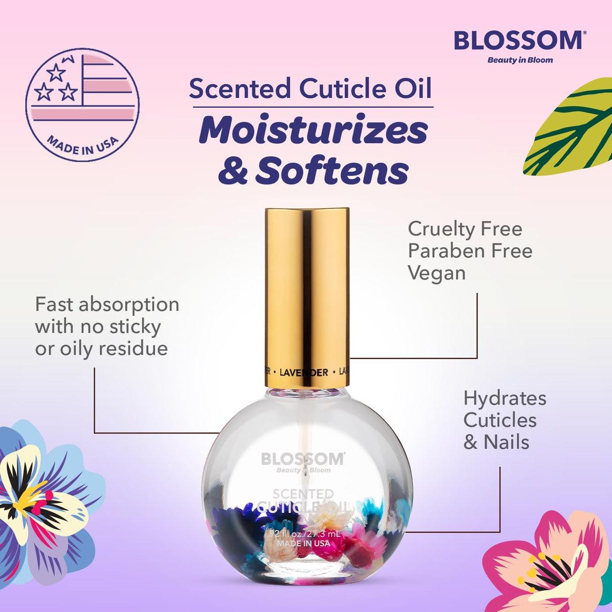 Blossom Scented Cuticle Oil, Infused with Real Flowers, Hydrating, Moisturizing, Strengthening, Made in USA, 0.5 fl. oz, Amazon Exclusive, Watermelon