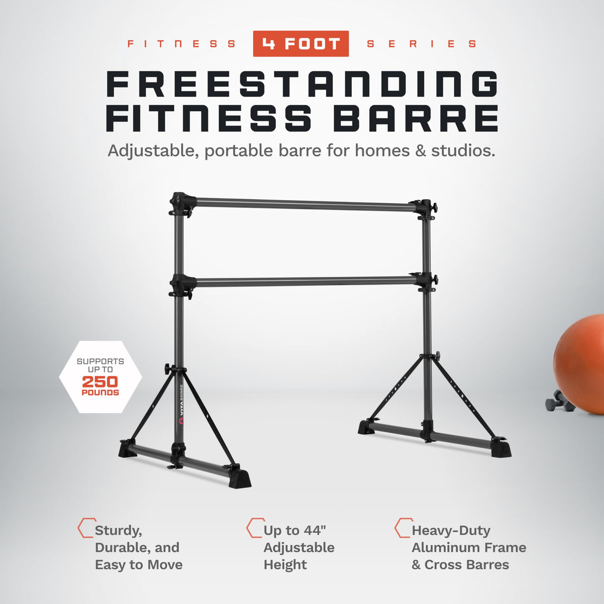 VITA Barre Portable Freestanding Double Ballet Barre, Fit, Dark Mystic Gray, Aluminum | Adjustable Height, Made in USA, Home or Gym Exercise Equipment | Dance, Fitness, Pilates