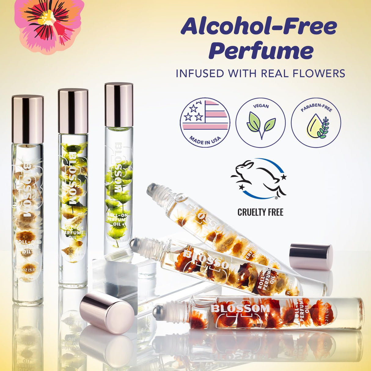 Blossom Roll on Perfume Oil for Women, Alcohol Free Rollerball Perfume with Essential Oil, Infused with Real Flowers, Made in USA, 0.20 oz (Lemon, Bergamot, Violet, White Musk), Cactus Flower