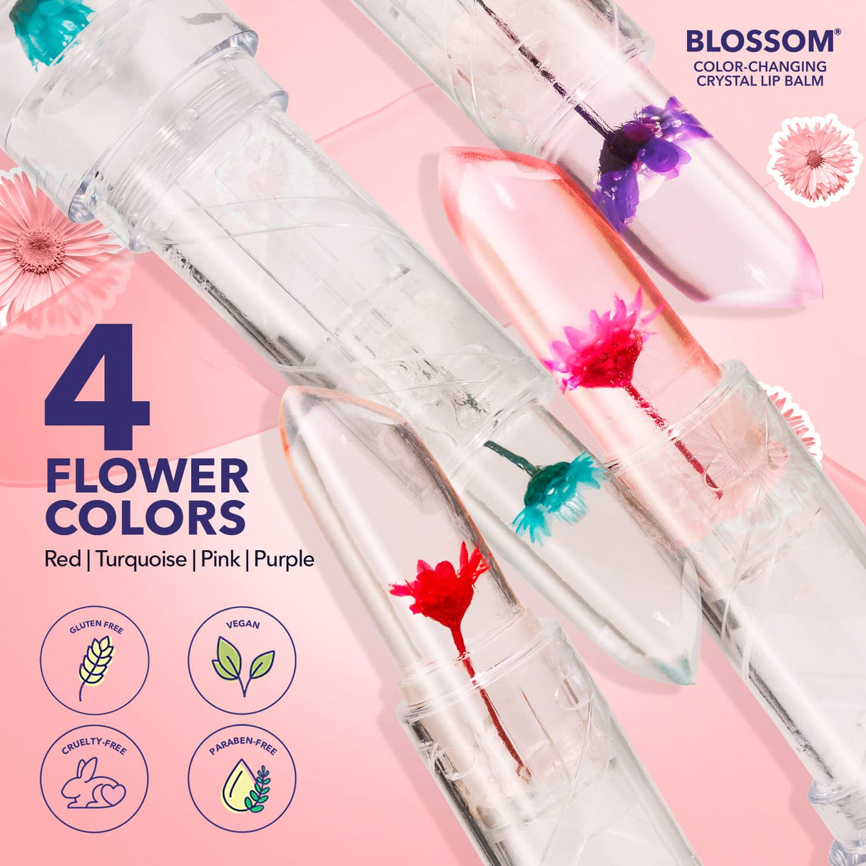 Blossom Moisturizing pH Color Changing Shimmering Lip Balm Sparkle Lip Stain Tint, Infused with Real Flowers, 3g, Electric Pink