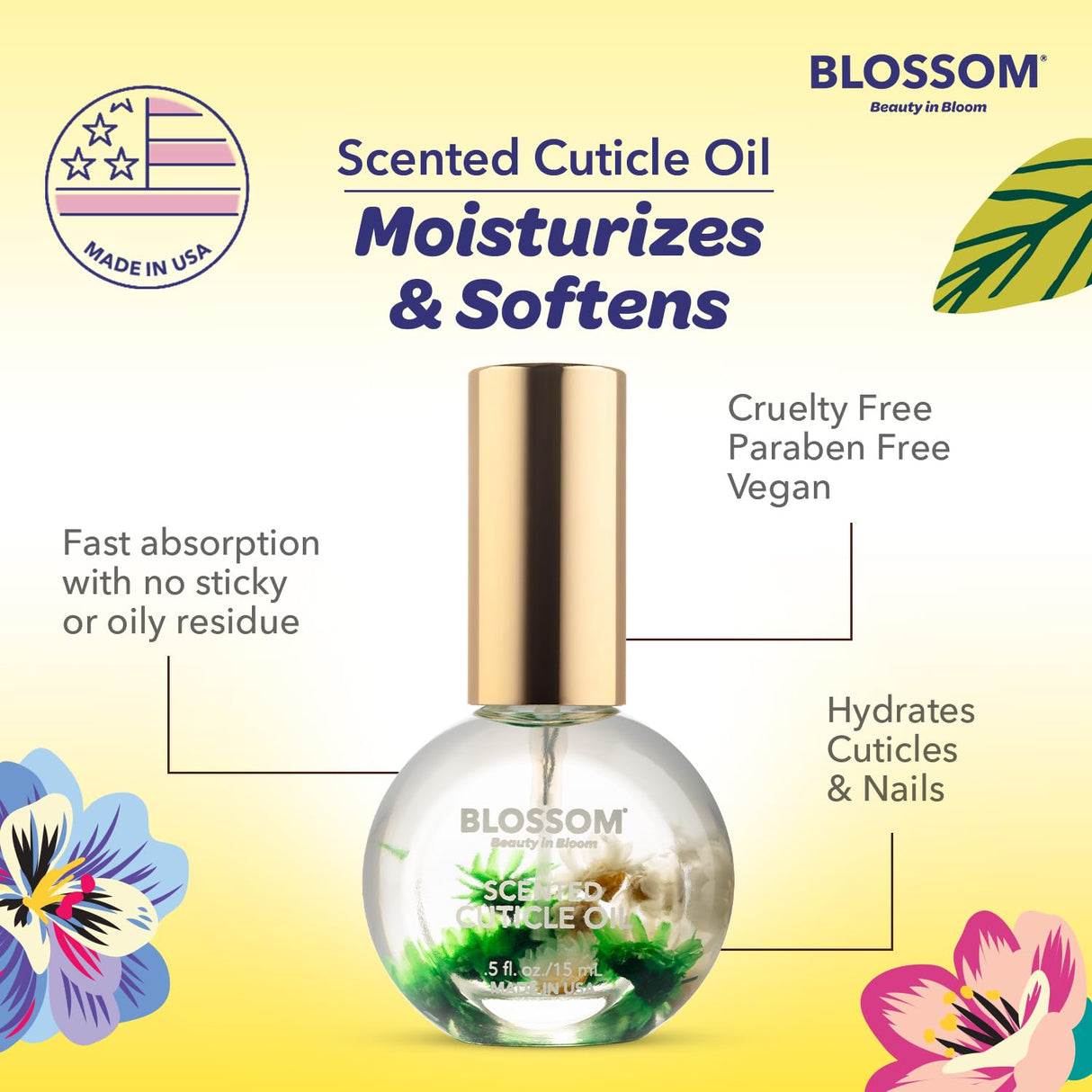 Blossom Scented Cuticle Oil, Infused with Real Flowers, Hydrating, Moisturizing, Strengthening, Made in USA, 0.5 fl. oz, Amazon Exclusive, Watermelon