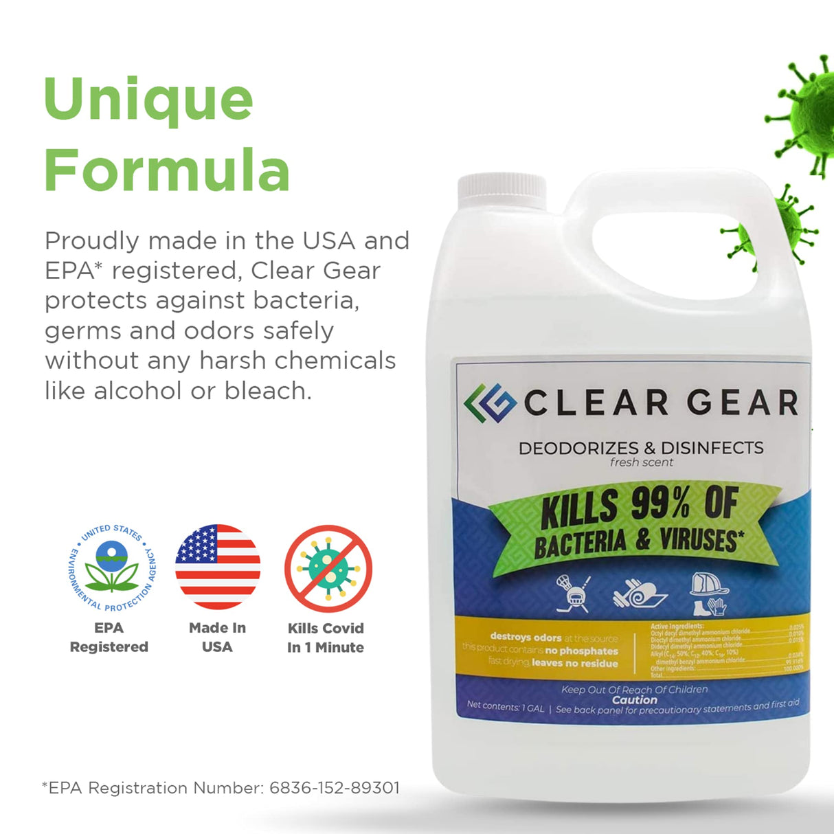 Disinfectant, Cleaner, and Deodorizer Bundle for Sports Equipment, Gyms, and Fitness Centers - EPA-Registered, Hospital Grade, Made in USA - 1 Gallon Bottle + (4) 1 Gallon Bottle Bundle