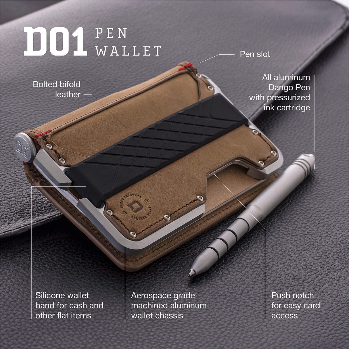 Dango Slim Minimalist Wallet for Men - RFID Blocking - Bifold, with Pen and Notebook