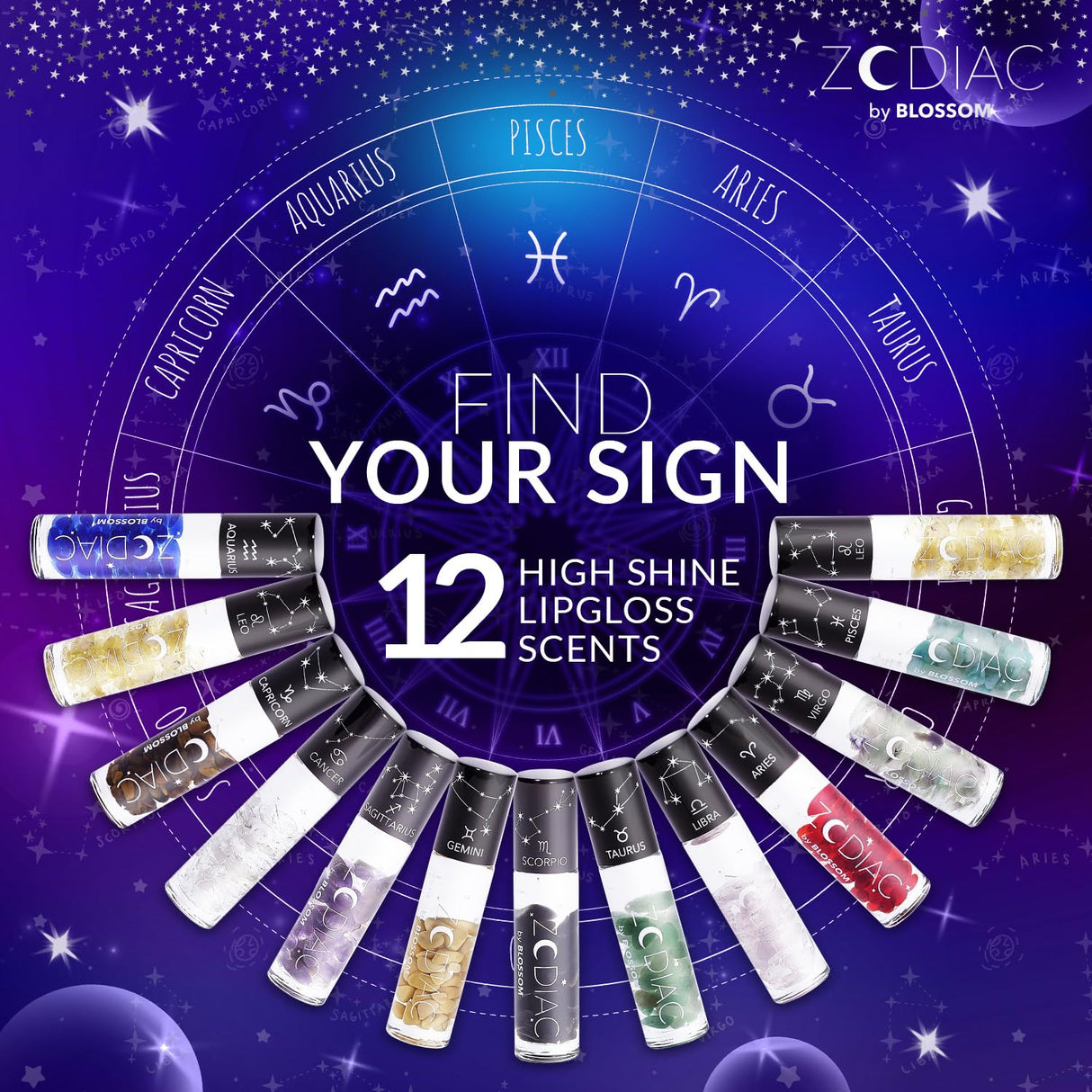 Blossom Zodiac Sign Roll-On Lip Gloss, Vanilla Scented + Moisturizing with Crystals, Made in USA, 0.20 fl. oz./5.9ml, Aquarius