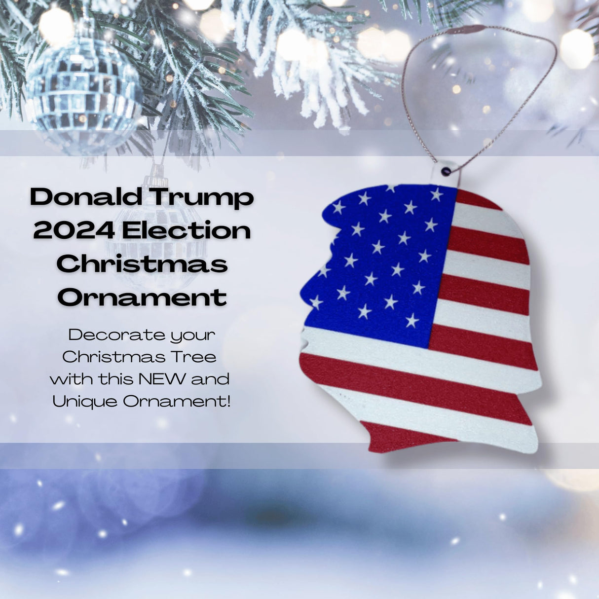 American Flag Trump Head Silhouette Christmas Ornament | Donald Trump Patriotic Holiday Ornament | Made in USA (Trump)