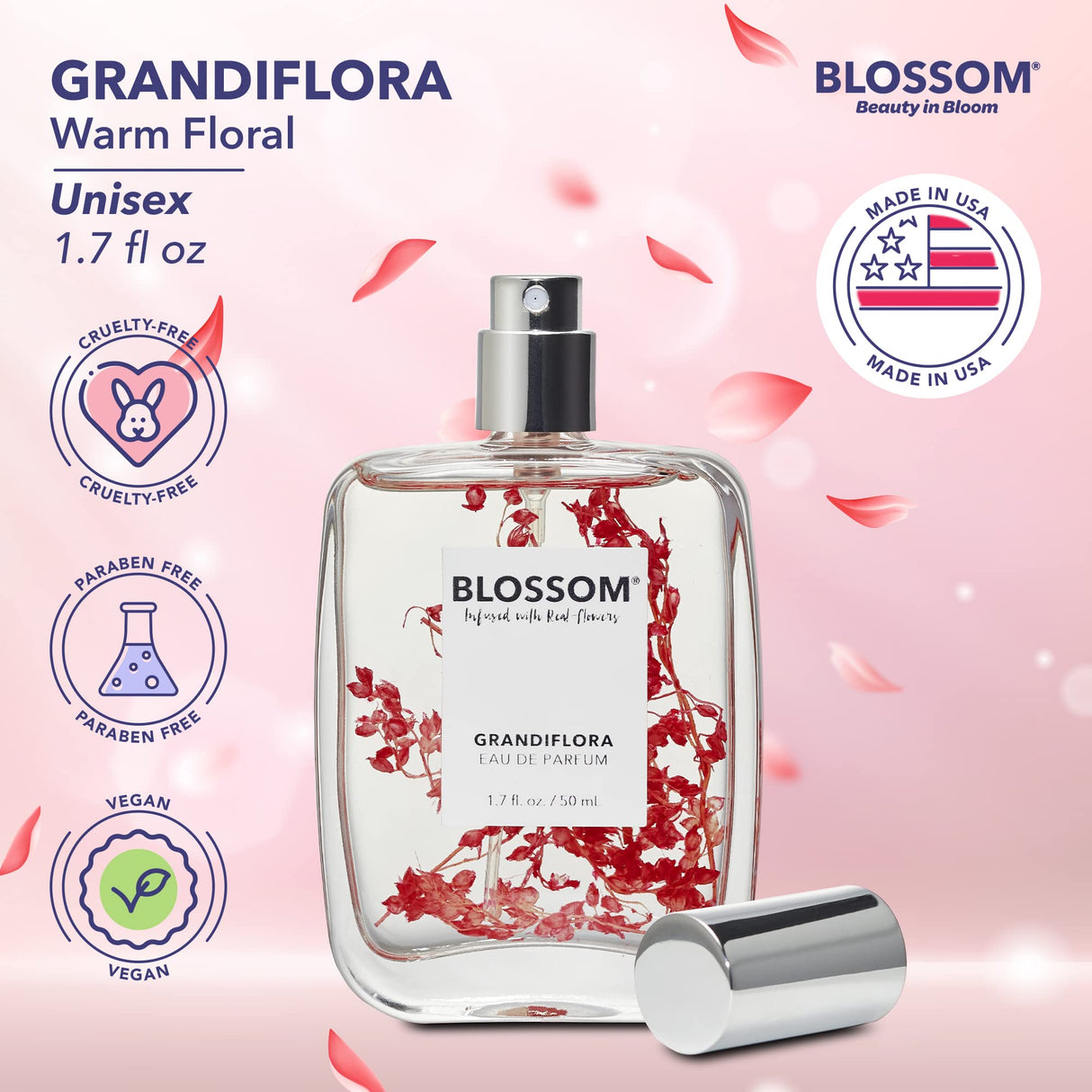 Blossom Unisex Eau De Parfum, Cruelty Free and Vegan Fragrance, Plant-based Perfume Spray, Infused with Real Flowers, Made in USA, 1.7oz, (White Calla Lily, Grapefruit, Sundrenched Flowers), Slay