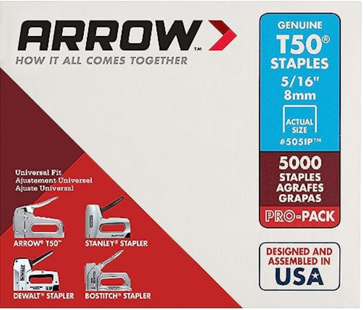 Arrow Fastener 505IP Heavy Duty T50 Staples for Upholstery, Construction, Furniture, Crafts, 3/8-Inch Crown Size, 5/16-Inch Leg Length, 5000-Pack, Made in the USA