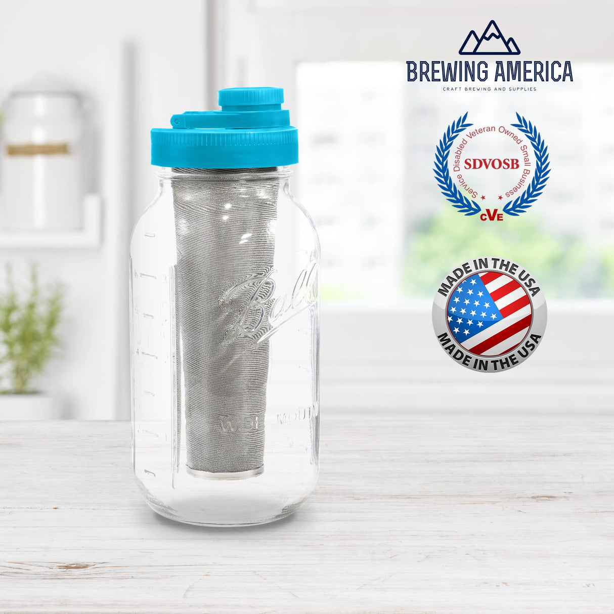 Brewing America Mason Jar Cold Brew Coffee Maker Infuser: Made in USA Wide Mouth Mason Jar with Screw Top Pour and Drinking Lid, Stainless Steel Filter - Coffee, Tea, Alcohol - 2 Quart 64 oz Blue Lid