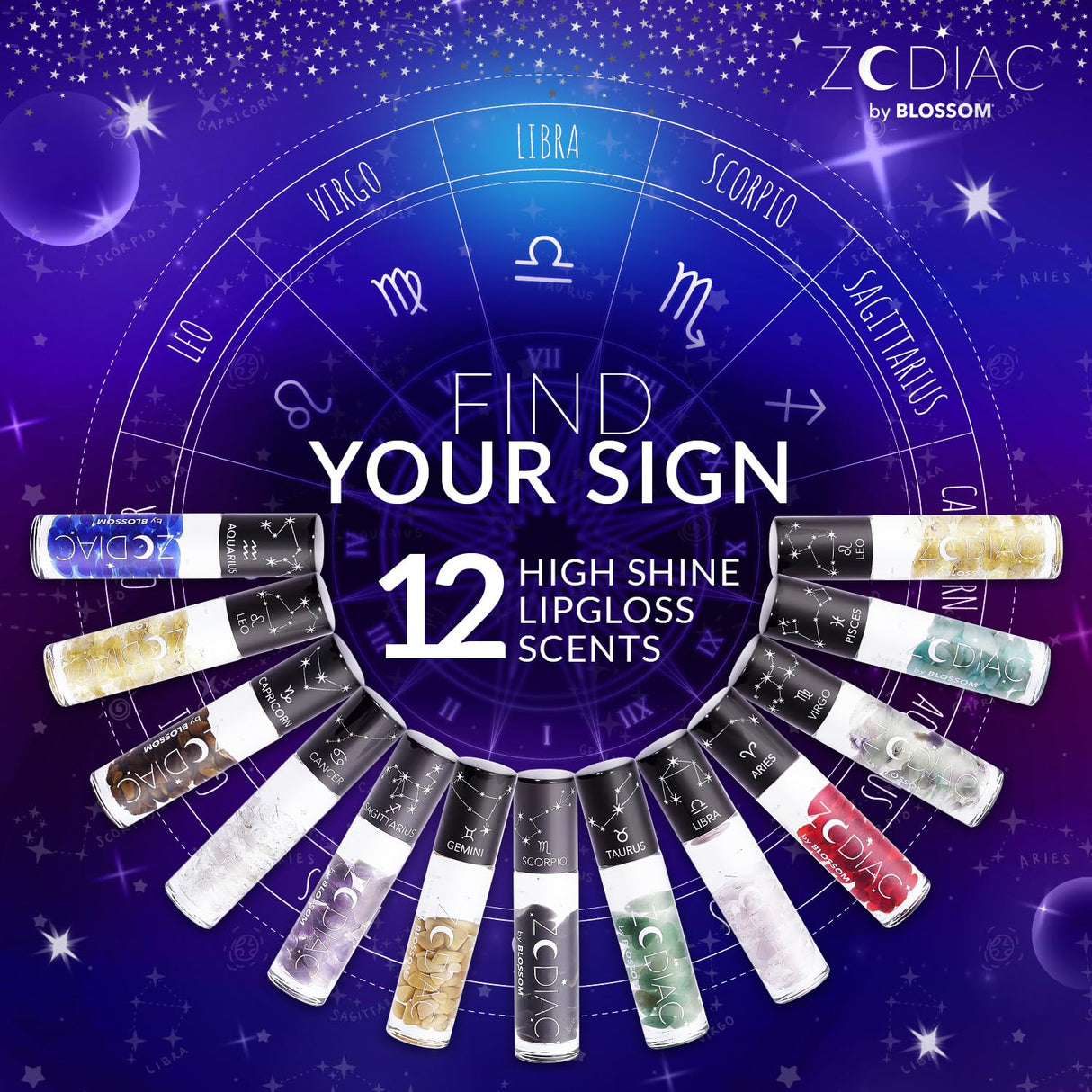 Blossom Zodiac Sign Roll-On Lip Gloss, Vanilla Scented + Moisturizing with Crystals, Made in USA, 0.20 fl. oz./5.9ml, Aquarius