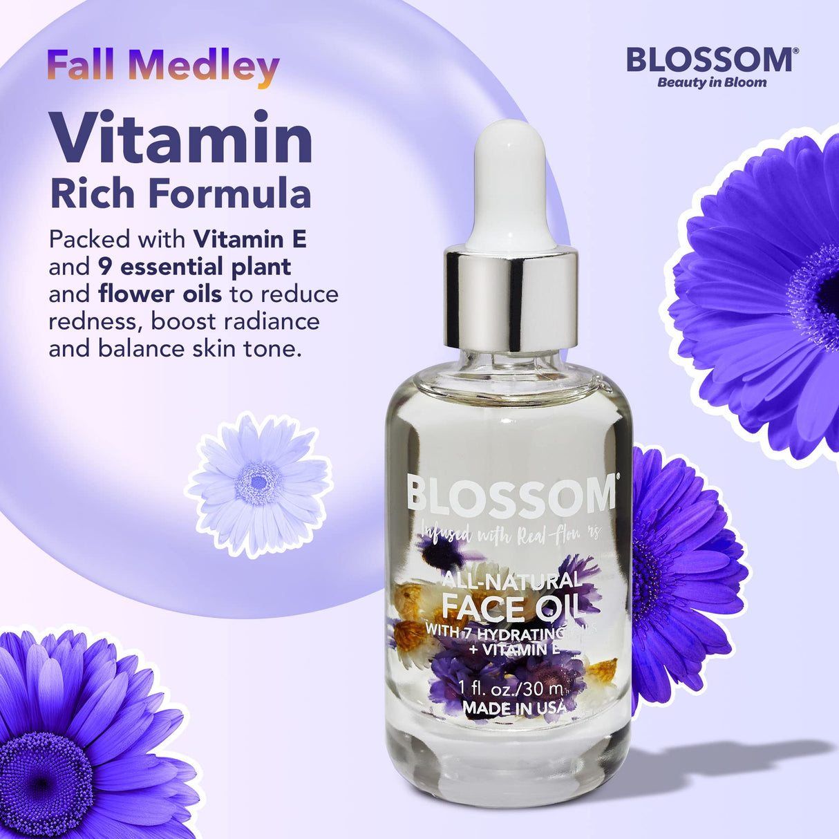 Blossom Unscented All Natural, Vegan, Cruelty Free Face Oil with Vitamin E, Infused with Real Flowers, Made in USA, 1 fl. oz., Spring Bouquet