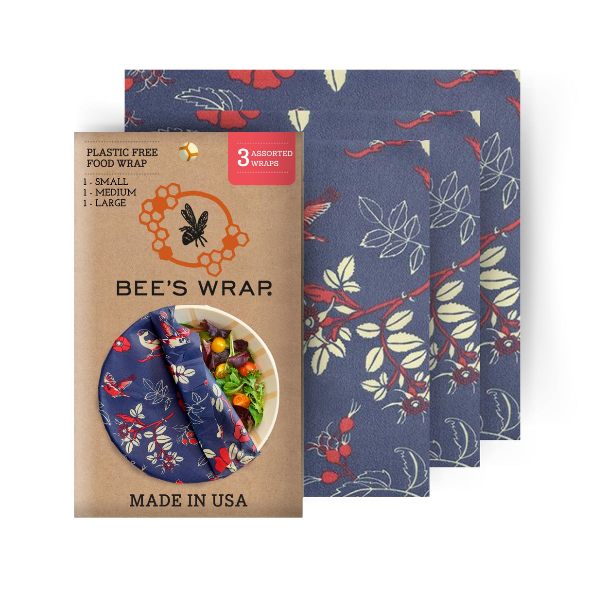 Bee's Wrap Reusable Beeswax Food Wraps Made in The USA, Eco Friendly Beeswax Wraps for Food, Sustainable Food Storage Containers, Organic Cotton Food Wraps, Assorted 3 Pack (S, M, L), Honeycomb