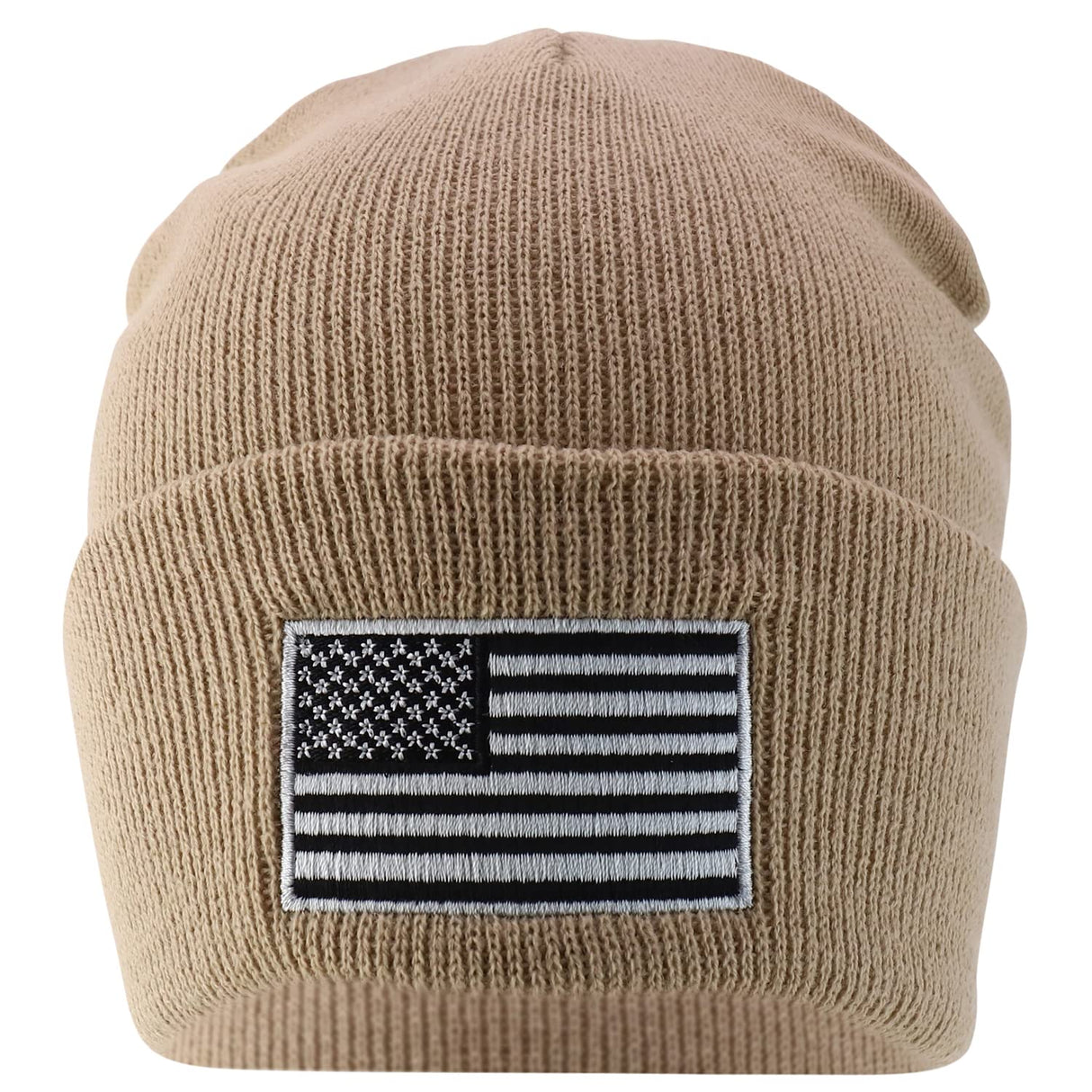 Made in USA Grey American Flag Embroidered Knit Cuff Long Beanie
