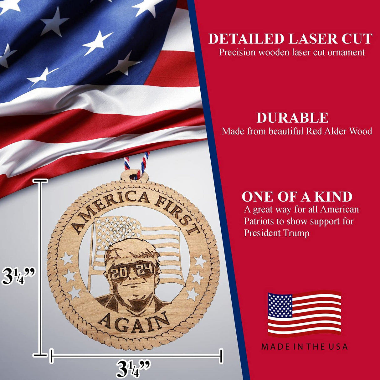 2024 Donald Trump Ornaments - I'll Be Back Wooden Decor - USA Made Christmas Ornament - Patriotic Decorations for American Constitutional Patriots - Wood Gift for Home, Office, Car