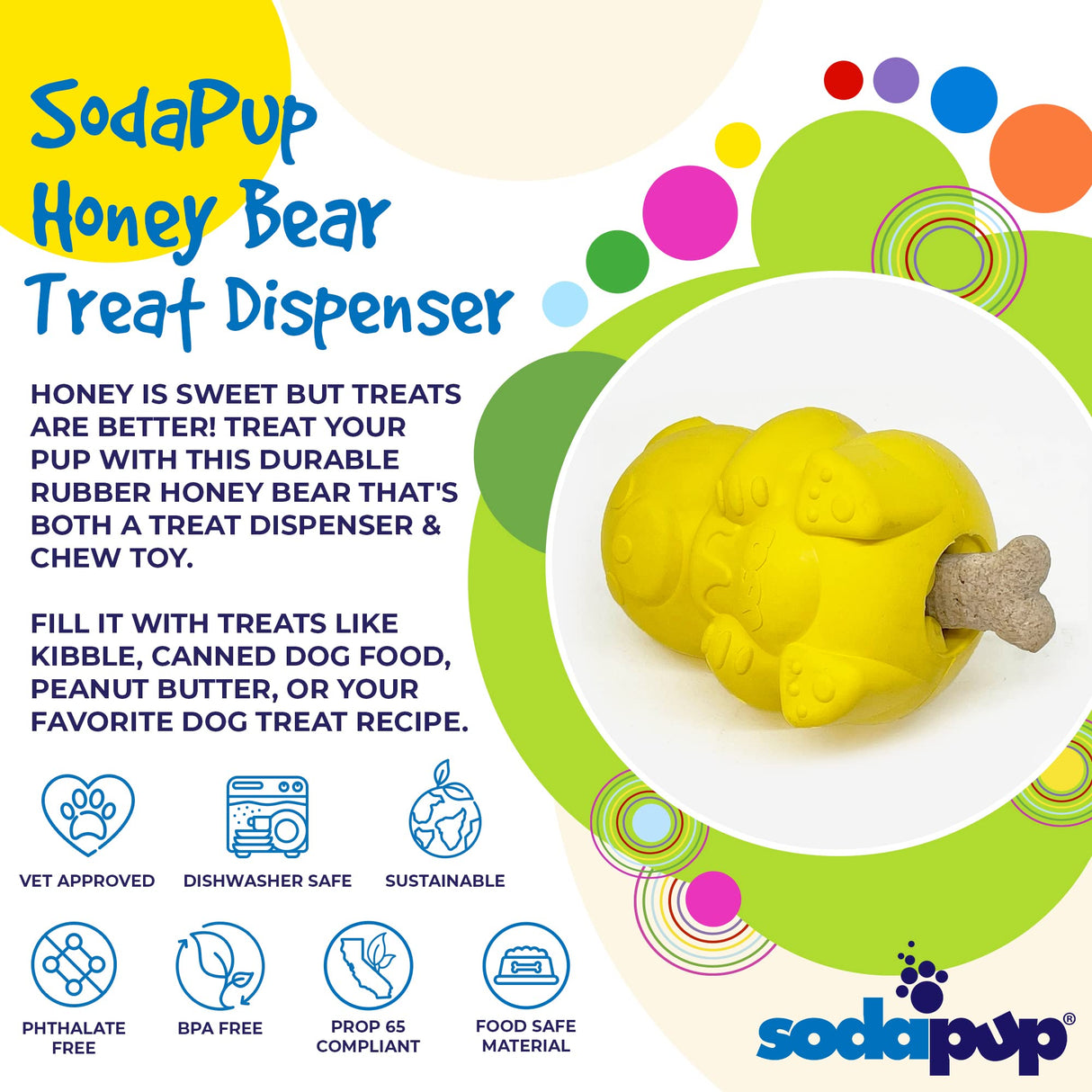 SodaPup Honey Pot – Durable Dog Treat Dispenser & Enrichment Toy Made in USA from Non-Toxic, Pet Safe, Food Safe Natural Rubber Material for Mental Stimulation, Problem Chewing, Calming Nerves, & More