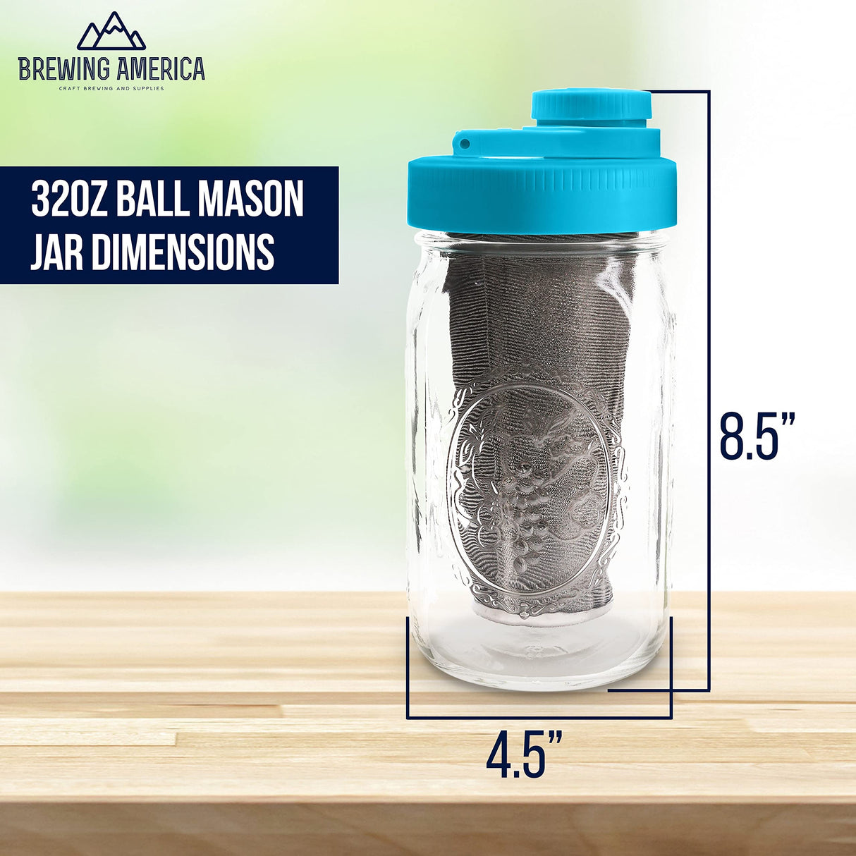 Brewing America Mason Jar Cold Brew Coffee Maker Infuser: Made in USA Wide Mouth Mason Jar with Screw Top Pour and Drinking Lid, Stainless Steel Filter - Coffee, Tea, Alcohol - 2 Quart 64 oz Blue Lid