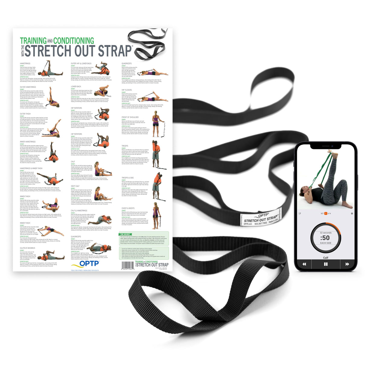 OPTP The Original Stretch Out Strap with Exercise Poster, USA Made Top Choice Stretch Out Straps for Physical Therapy, Yoga Stretching Strap or Knee Therapy Strap (XL)