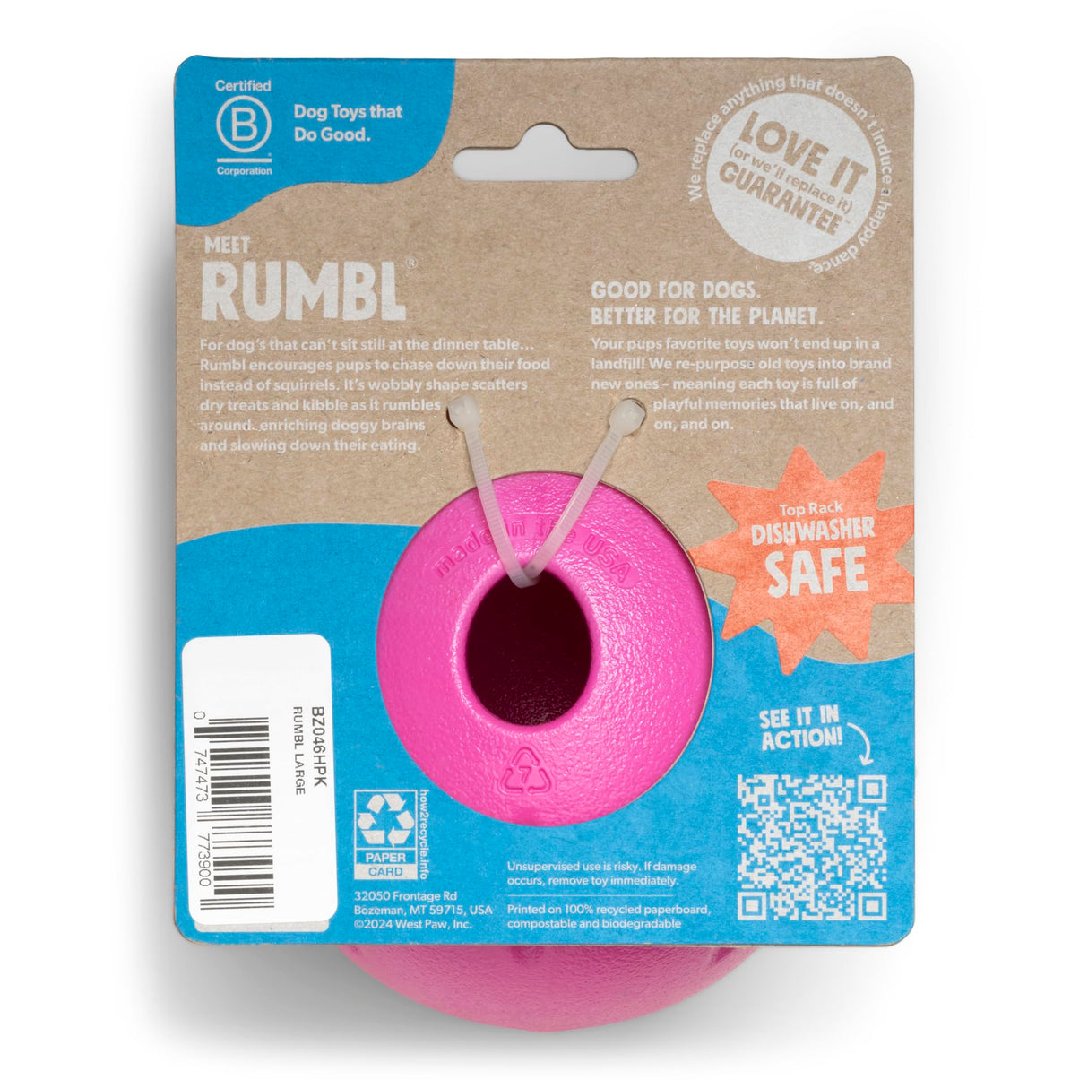 West Paw Zogoflex Rumbl Treat-Dispensing Dog Toy – Interactive Slow-Feeder Chew – Enrichment Toy Moderate Chewers, Fetch, Catch – Holds Kibble, (Eggplant, Large)