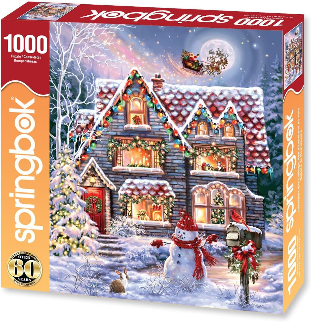 Springbok's Christmas Eve Cottage 1000 Piece Jigsaw Puzzle is a Classic Image of a Cozy Christmas Cottage Complete with Snowman and Santa Sailing Above in His Sleigh