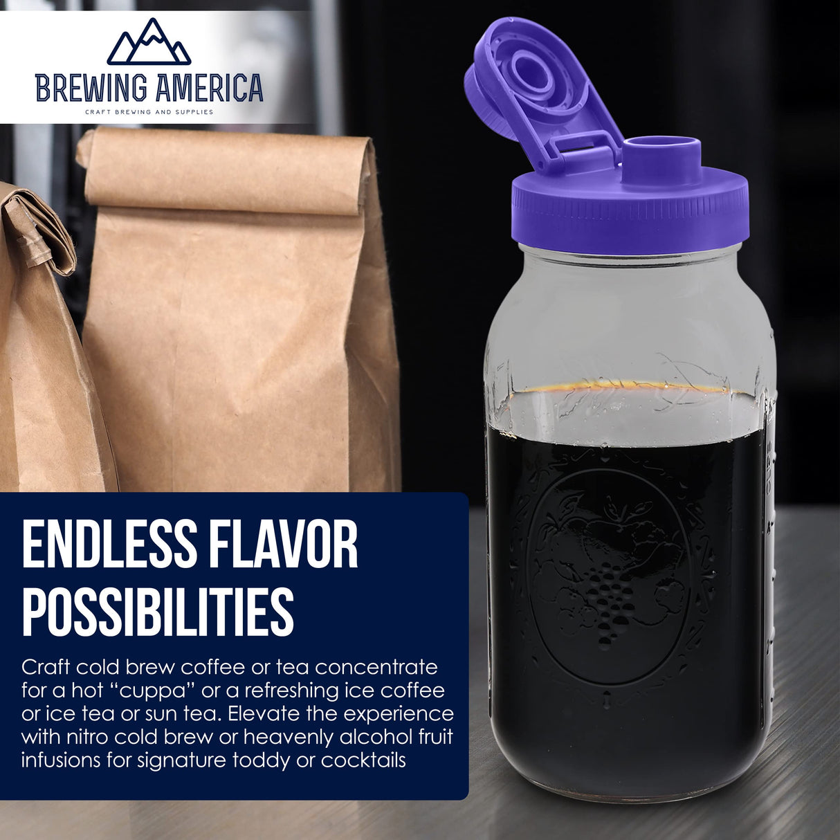 Brewing America Mason Jar Cold Brew Coffee Maker Infuser: Made in USA Wide Mouth Mason Jar with Screw Top Pour and Drinking Lid, Stainless Steel Filter - Coffee, Tea, Alcohol - 2 Quart 64 oz Blue Lid