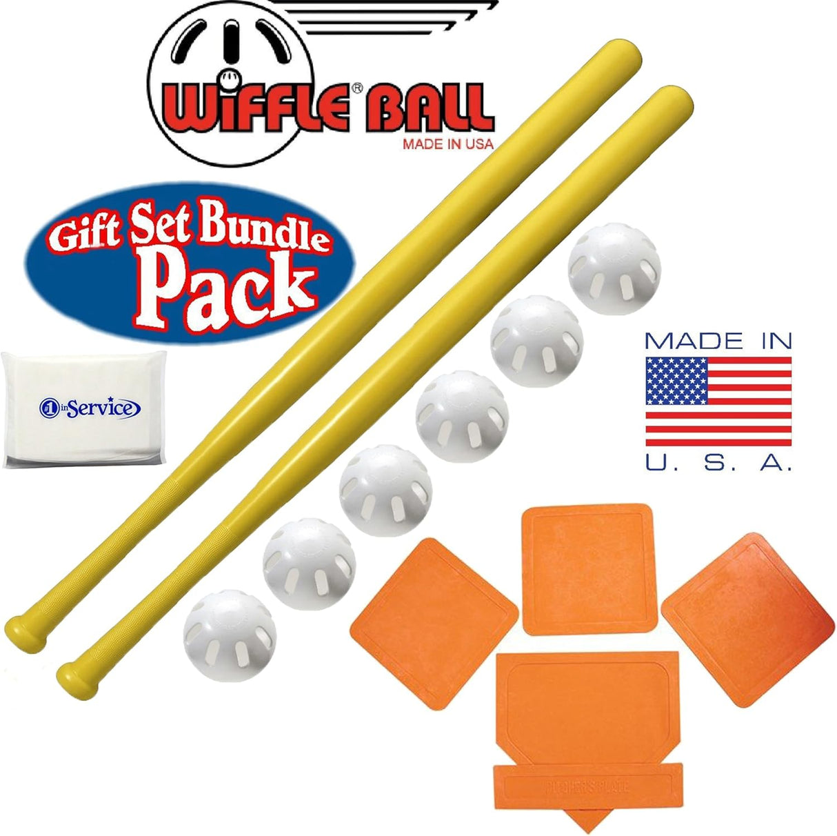 WIFFLE Ball 6 Baseballs Official Size - 6 Pack Ball 32" Bats 2 Pack, BSN Orange Throw Down Bases (5 Piece), Gift Set Bundle + Bonus NOIS Tissue Pack