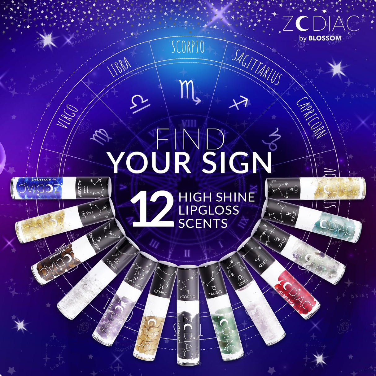 Blossom Zodiac Sign Roll-On Lip Gloss, Vanilla Scented + Moisturizing with Crystals, Made in USA, 0.20 fl. oz./5.9ml, Aquarius