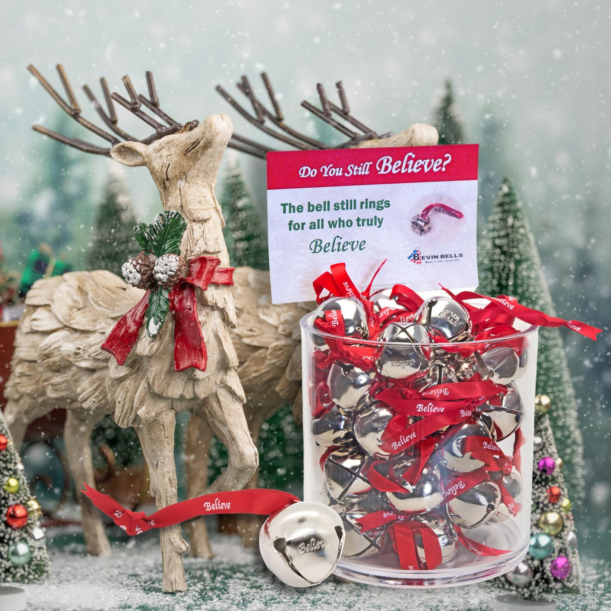 Bevin Bells Believe Sleigh Bells Ornament (3-Pack) | 1.5" Made of Steel | Hanging Bells with a Red Satin Believe Ribbon | Great Tone | Xmas Gift or Stocking Stuffer | Made in The USA
