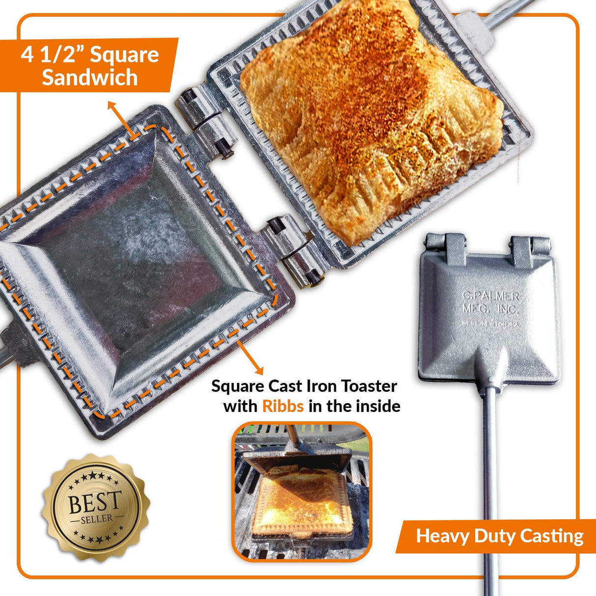 C. Palmer Aluminum Campfire Cooking Sandwich Maker, Long Handle Mountain Pie Maker, Made in America