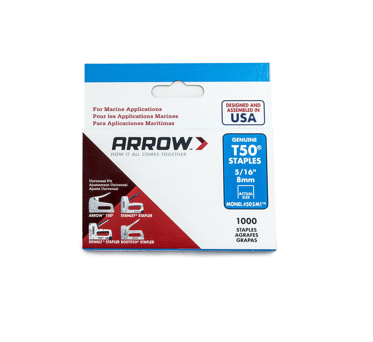 Arrow Fastener 505M1 Heavy Duty T50 Monel Staples for Marine Applications, 5/16-Inch Leg Length, 3/8-Inch Crown Size,1000-Pack, Made in the USA