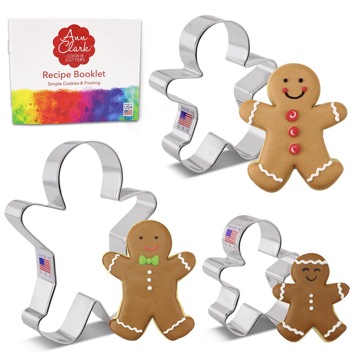 Gingerbread Man Cookie Cutters 3-Pc. Set Made in USA by Ann Clark, 2.9", 3.75", 5"