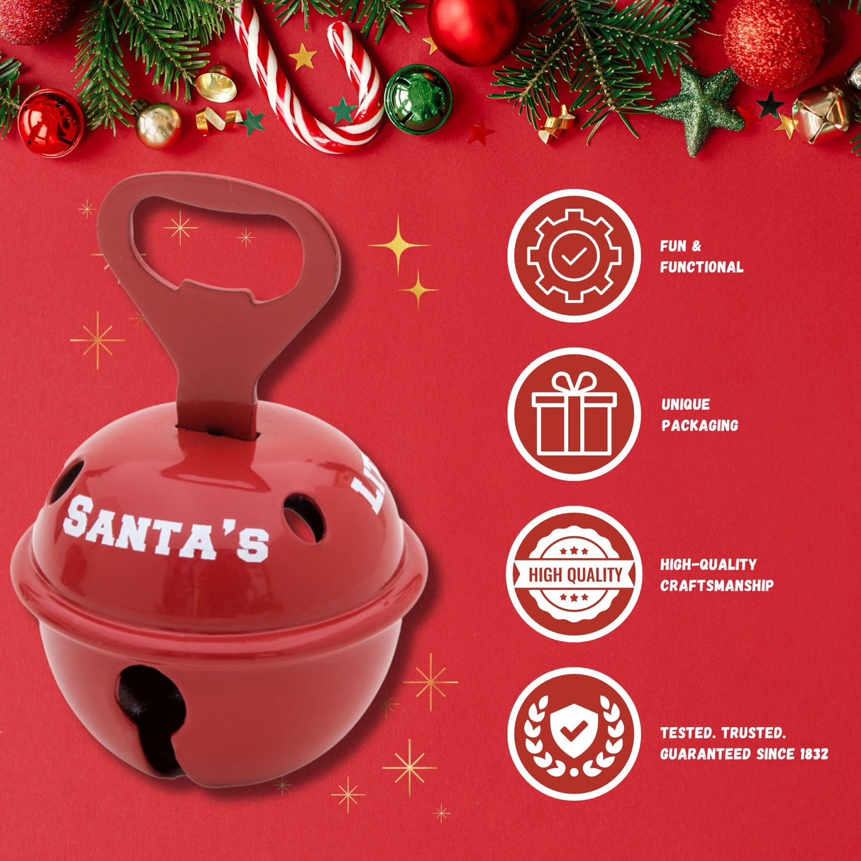 Bevin Bells Believe Sleigh Bells Ornament (3-Pack) | 1.5" Made of Steel | Hanging Bells with a Red Satin Believe Ribbon | Great Tone | Xmas Gift or Stocking Stuffer | Made in The USA