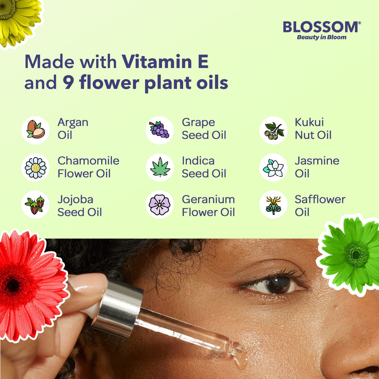 Blossom Unscented All Natural, Vegan, Cruelty Free Face Oil with Vitamin E, Infused with Real Flowers, Made in USA, 1 fl. oz., Spring Bouquet