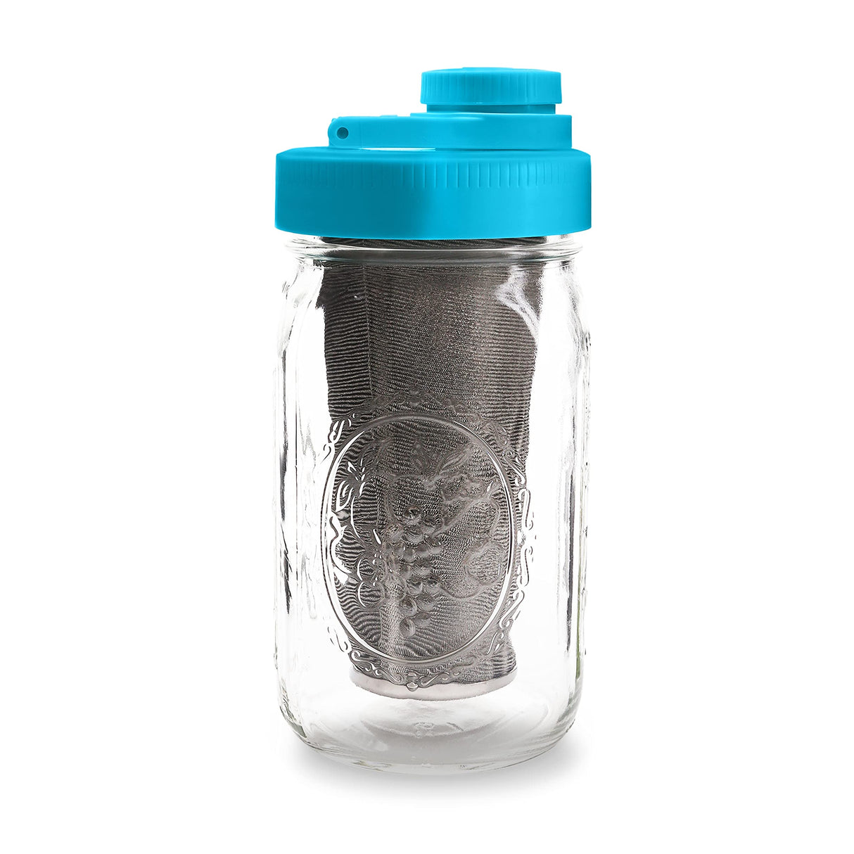Brewing America Mason Jar Cold Brew Coffee Maker Infuser: Made in USA Wide Mouth Mason Jar with Screw Top Pour and Drinking Lid, Stainless Steel Filter - Coffee, Tea, Alcohol - 2 Quart 64 oz Blue Lid
