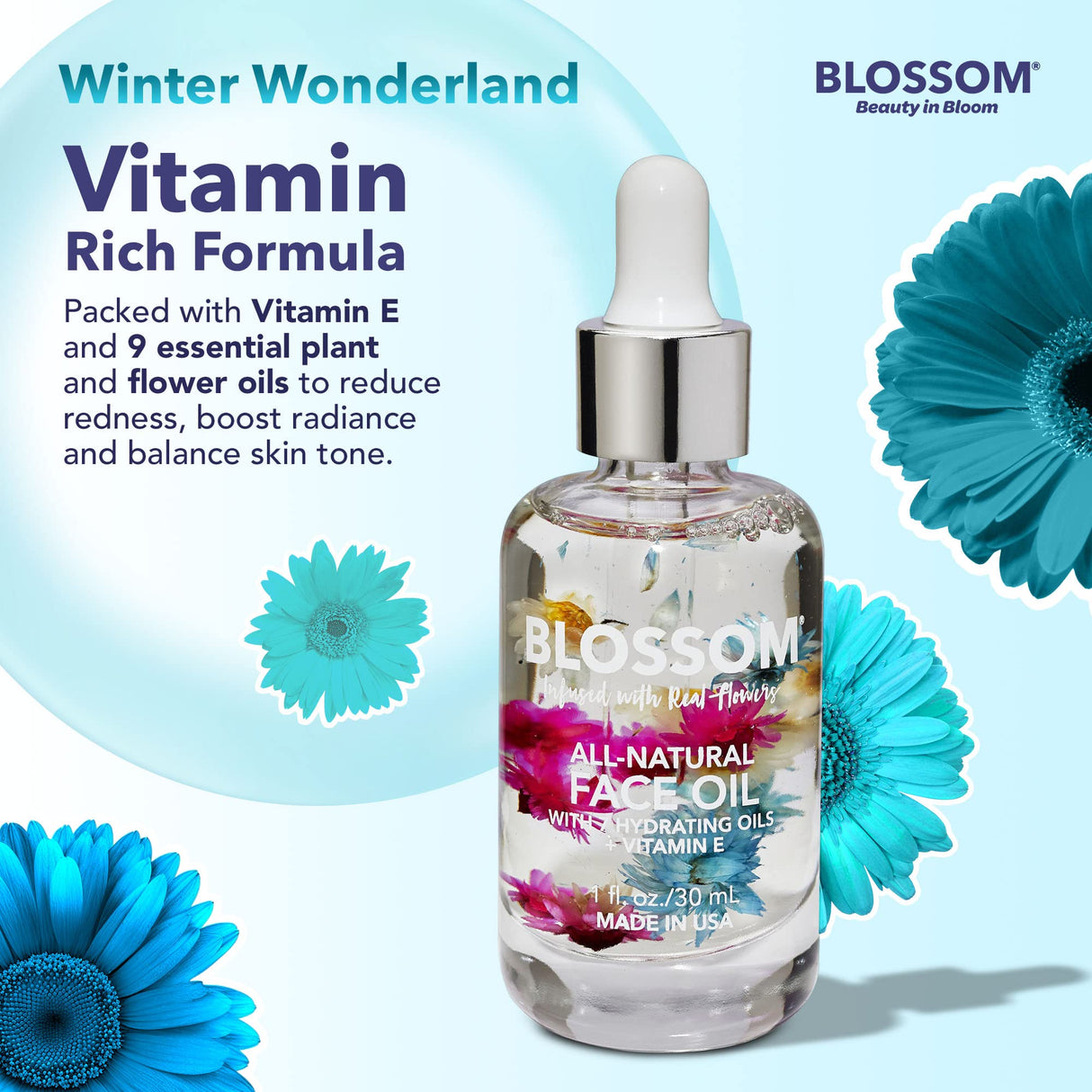 Blossom Unscented All Natural, Vegan, Cruelty Free Face Oil with Vitamin E, Infused with Real Flowers, Made in USA, 1 fl. oz., Spring Bouquet