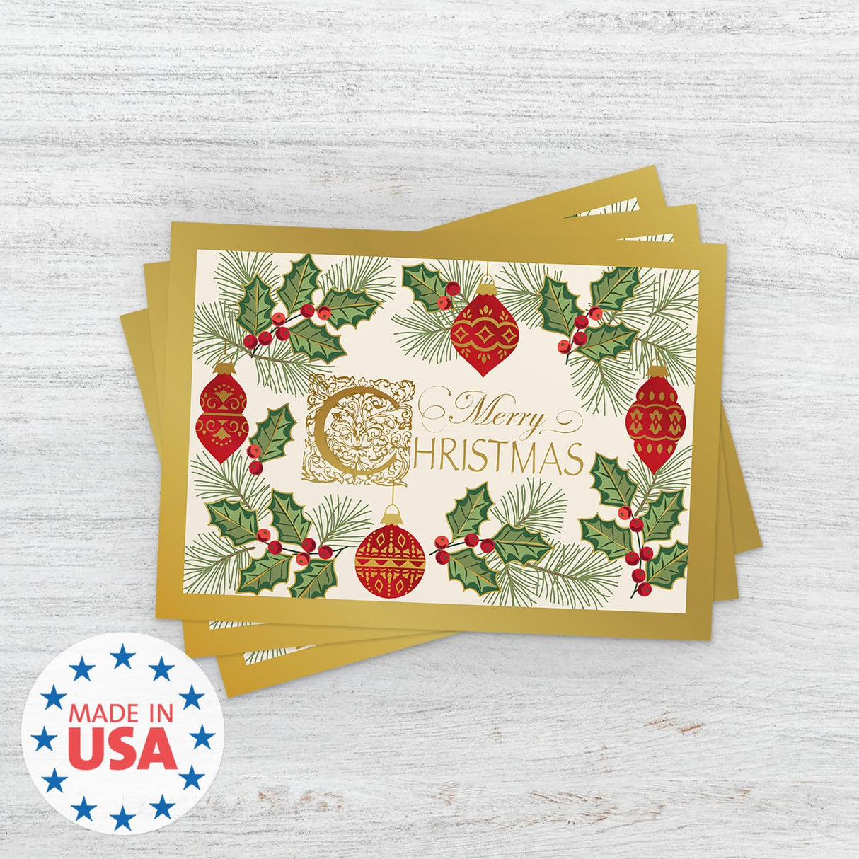 Masterpiece Sparkling Santa Christmas Cards / 16 Festive Holiday Cards Set With White Envelopes / 5 5/8" x 7 7/8" Winter Gold Foil Greeting Cards With Inside Verse/Made In The USA