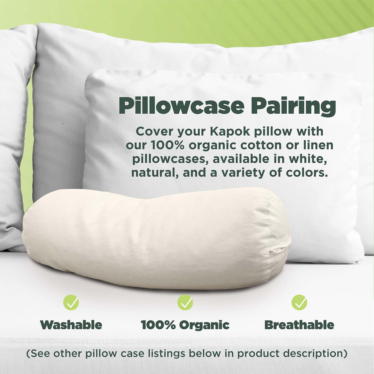 Bean Products Neck Roll Organic Kapok Pillow - 4" x 12" - Organic Cotton Zippered Shell - Made in USA