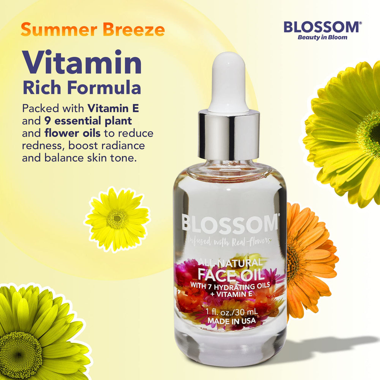 Blossom Unscented All Natural, Vegan, Cruelty Free Face Oil with Vitamin E, Infused with Real Flowers, Made in USA, 1 fl. oz., Spring Bouquet