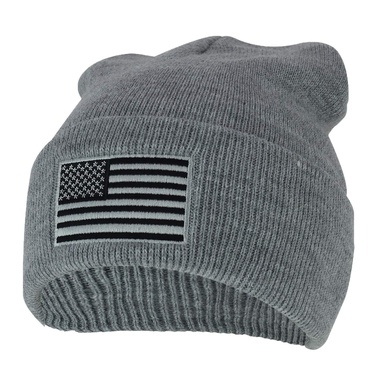 Made in USA Grey American Flag Embroidered Knit Cuff Long Beanie