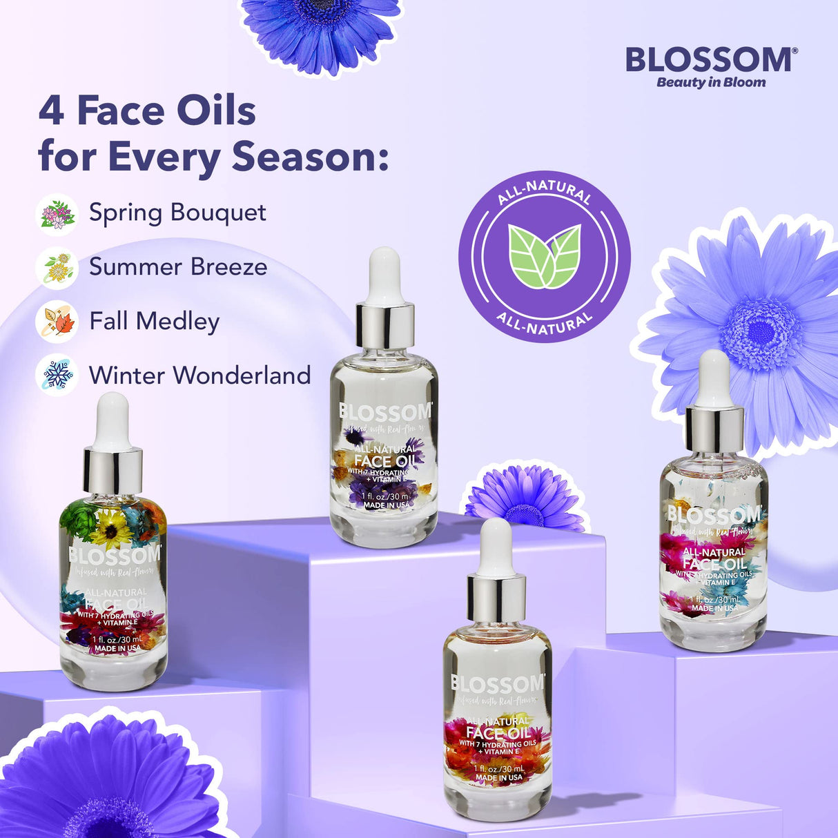 Blossom Unscented All Natural, Vegan, Cruelty Free Face Oil with Vitamin E, Infused with Real Flowers, Made in USA, 1 fl. oz., Spring Bouquet