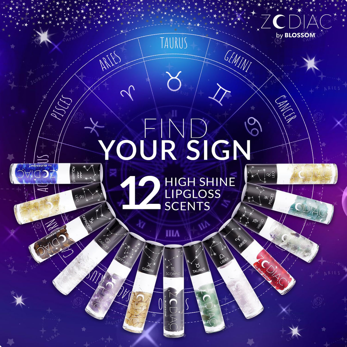 Blossom Zodiac Sign Roll-On Lip Gloss, Vanilla Scented + Moisturizing with Crystals, Made in USA, 0.20 fl. oz./5.9ml, Aquarius