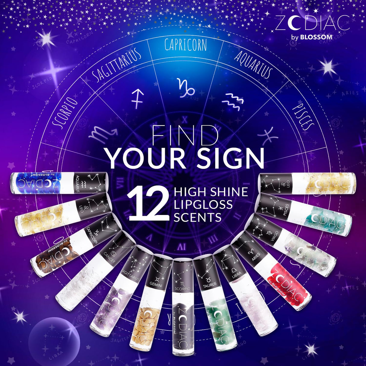 Blossom Zodiac Sign Roll-On Lip Gloss, Vanilla Scented + Moisturizing with Crystals, Made in USA, 0.20 fl. oz./5.9ml, Aquarius