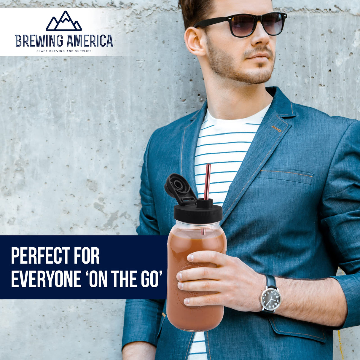 Brewing America Mason Jar Cold Brew Coffee Maker Infuser: Made in USA Wide Mouth Mason Jar with Screw Top Pour and Drinking Lid, Stainless Steel Filter - Coffee, Tea, Alcohol - 2 Quart 64 oz Blue Lid