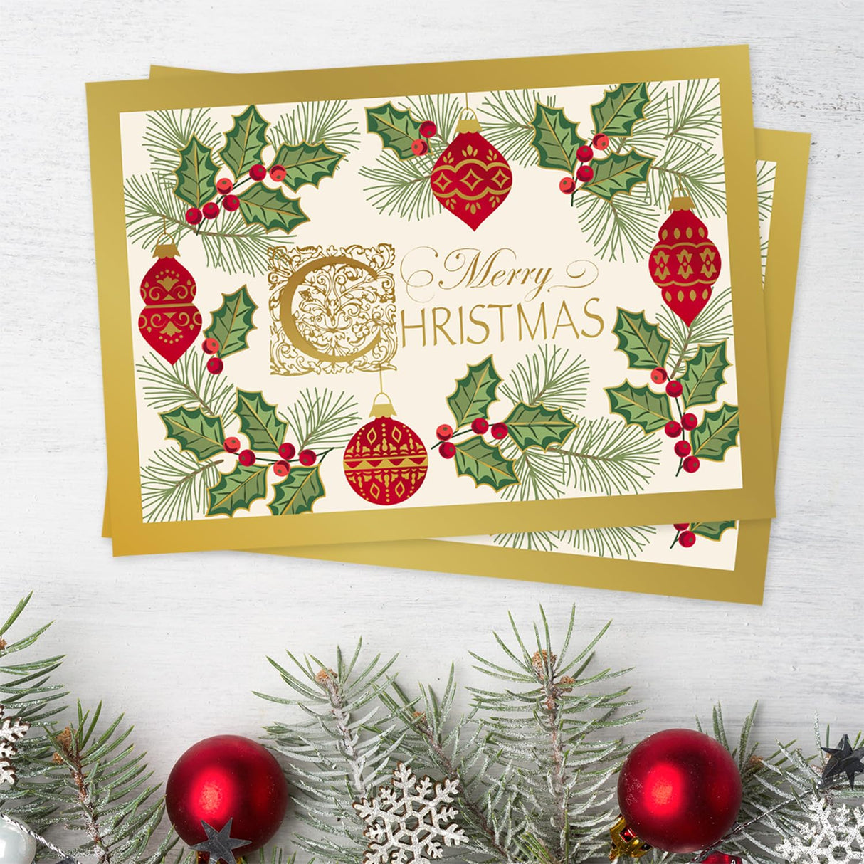 Masterpiece Sparkling Santa Christmas Cards / 16 Festive Holiday Cards Set With White Envelopes / 5 5/8" x 7 7/8" Winter Gold Foil Greeting Cards With Inside Verse/Made In The USA